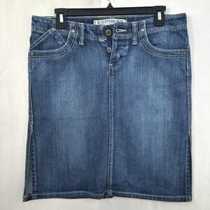 Vtg Y2K Express Precision Fit Button Fly Dark Wash Denim Mini Skirt Side Slits 8